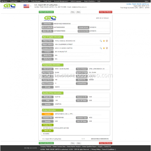 Calcium hypochlorite-USA import data sample